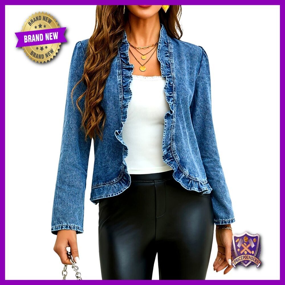 Ruffled Denim Jacket Cropped Open Front Long Sleeve Chic Y2K Trendy - Picture 1 of 5